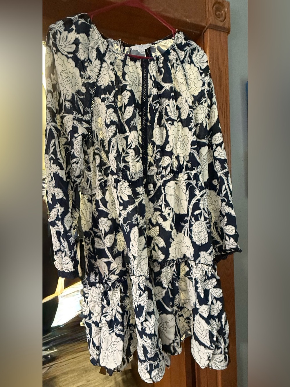 Navy and Cream Floral Long-Sleeve Tiered Dress